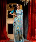 Handwoven Light Blue Floral Weaved Banarasi Saree with Blouse Piece