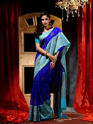 Handloom Royal Blue Dupion Silk Saree with Blouse Piece 1