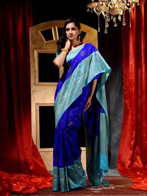 Handloom Royal Blue Dupion Silk Saree with Blouse Piece 3