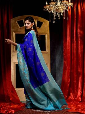 Handloom Royal Blue Dupion Silk Saree with Blouse Piece 4