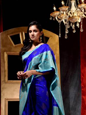 Handloom Royal Blue Dupion Silk Saree with Blouse Piece 5