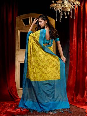 Handloom Yellow Dupion Silk Saree with Blouse Piece 2