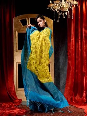 Handloom Yellow Dupion Silk Saree with Blouse Piece 3