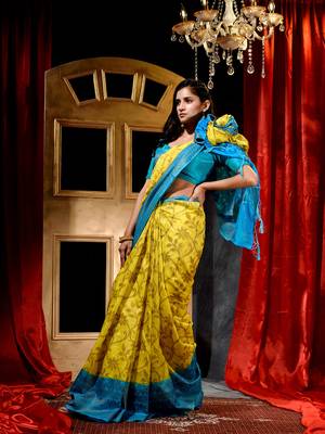 Handloom Yellow Dupion Silk Saree with Blouse Piece 4