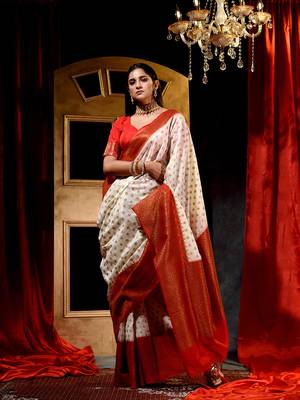 Handloom Off-White Dupion Silk Saree with Blouse Piece 1