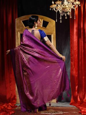 Handwoven Violet Banarasi Silk Saree with Blouse Piece 2