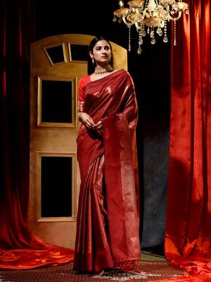 Handwoven Maroon Banarasi silk blend Saree with Blouse Piece 1