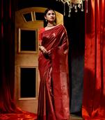 Handwoven Maroon Banarasi silk blend Saree with Blouse Piece