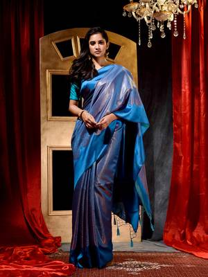 Handwoven Firozi Banarasi silk blend Saree with Blouse Piece 1