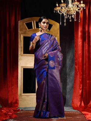 Handwoven Royal Blue Banarasi Silk Saree with Blouse Piece 1