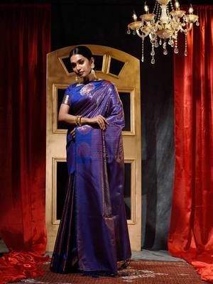 Handwoven Royal Blue Banarasi Silk Saree with Blouse Piece 4
