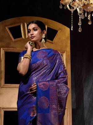 Handwoven Royal Blue Banarasi Silk Saree with Blouse Piece 5