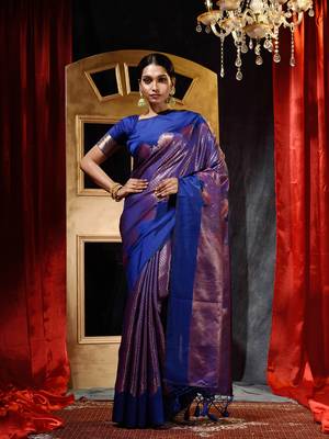 Handwoven Royal Blue Banarasi Silk Saree with Blouse Piece 1