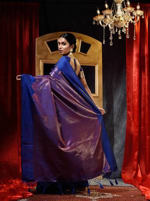 Handwoven Royal Blue Banarasi Silk Saree with Blouse Piece 2