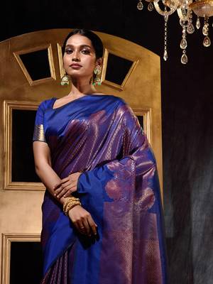 Handwoven Royal Blue Banarasi Silk Saree with Blouse Piece 4