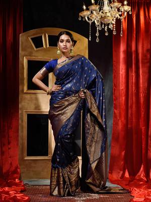 Handloom Navy Blue Katan Silk Banarasi Saree with Blouse Piece 1