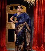 Handloom Navy Blue Katan Silk Banarasi Saree with Blouse Piece