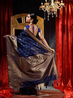 Handloom Navy Blue Katan Silk Banarasi Saree with Blouse Piece 2