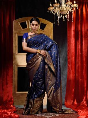 Handloom Navy Blue Katan Silk Banarasi Saree with Blouse Piece 3