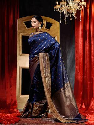 Handloom Navy Blue Katan Silk Banarasi Saree with Blouse Piece 4