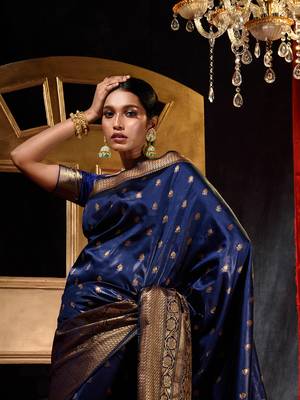 Handloom Navy Blue Katan Silk Banarasi Saree with Blouse Piece 5