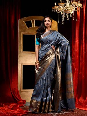 Handloom Grey Katan Silk Banarasi Saree with Blouse Piece 1