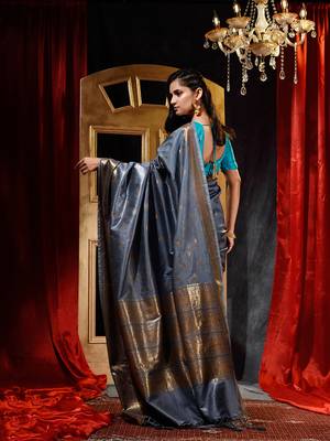 Handloom Grey Katan Silk Banarasi Saree with Blouse Piece 2