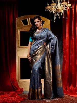 Handloom Grey Katan Silk Banarasi Saree with Blouse Piece 3