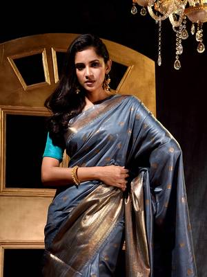 Handloom Grey Katan Silk Banarasi Saree with Blouse Piece 5
