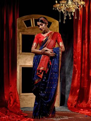 Handloom Royal Blue Katan Silk Banarasi Saree with Blouse Piece 1