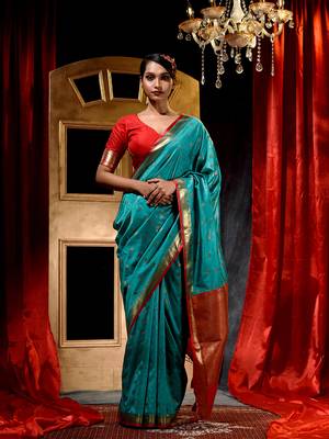 Handloom Firozi Katan Silk Banarasi Saree with Blouse Piece 1