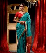 Handloom Firozi Katan Silk Banarasi Saree with Blouse Piece