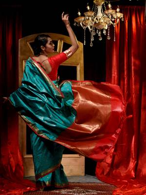 Handloom Firozi Katan Silk Banarasi Saree with Blouse Piece 2