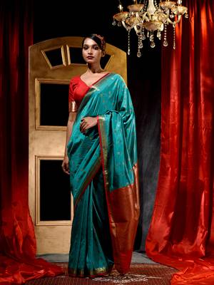 Handloom Firozi Katan Silk Banarasi Saree with Blouse Piece 3
