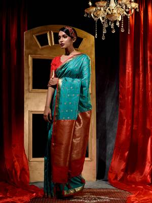 Handloom Firozi Katan Silk Banarasi Saree with Blouse Piece 4