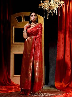 Handloom Red Katan Silk Banarasi Saree with Blouse Piece 1