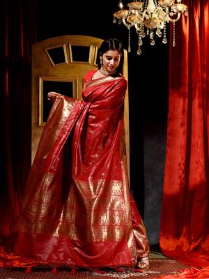 Handloom Red Katan Silk Banarasi Saree with Blouse Piece 3