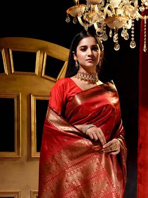 Handloom Red Katan Silk Banarasi Saree with Blouse Piece 4