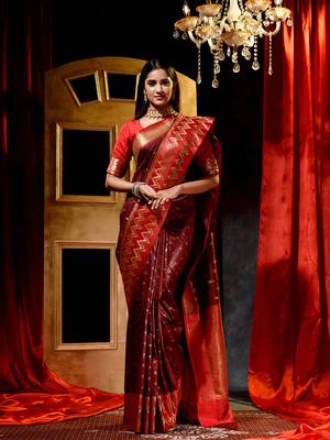Handloom Maroon Katan Silk Banarasi Saree with Blouse Piece 1