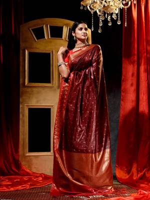Handloom Maroon Katan Silk Banarasi Saree with Blouse Piece 3