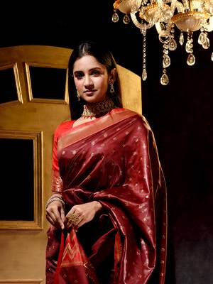 Handloom Maroon Katan Silk Banarasi Saree with Blouse Piece 4