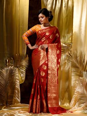 Handloom RedKatan Silk Banarasi Saree with Blouse Piece 1
