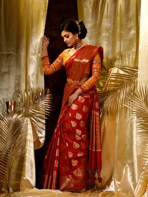 Handloom RedKatan Silk Banarasi Saree with Blouse Piece 3