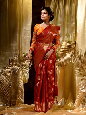 Handloom RedKatan Silk Banarasi Saree with Blouse Piece 4