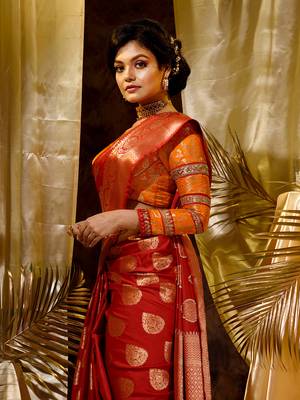 Handloom RedKatan Silk Banarasi Saree with Blouse Piece 5
