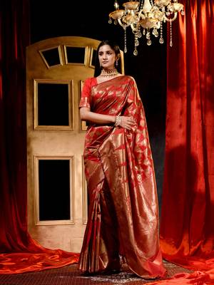 Handloom Red Katan Silk Banarasi Saree with Blouse Piece 1