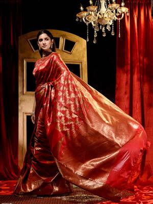 Handloom Red Katan Silk Banarasi Saree with Blouse Piece 2