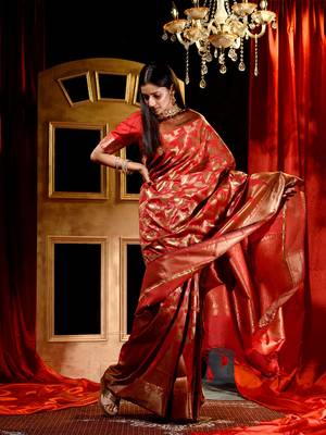 Handloom Red Katan Silk Banarasi Saree with Blouse Piece 3
