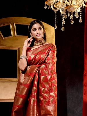 Handloom Red Katan Silk Banarasi Saree with Blouse Piece 4