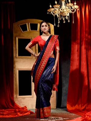 Handloom Navy Blue Katan Silk Banarasi Saree with Blouse Piece 1